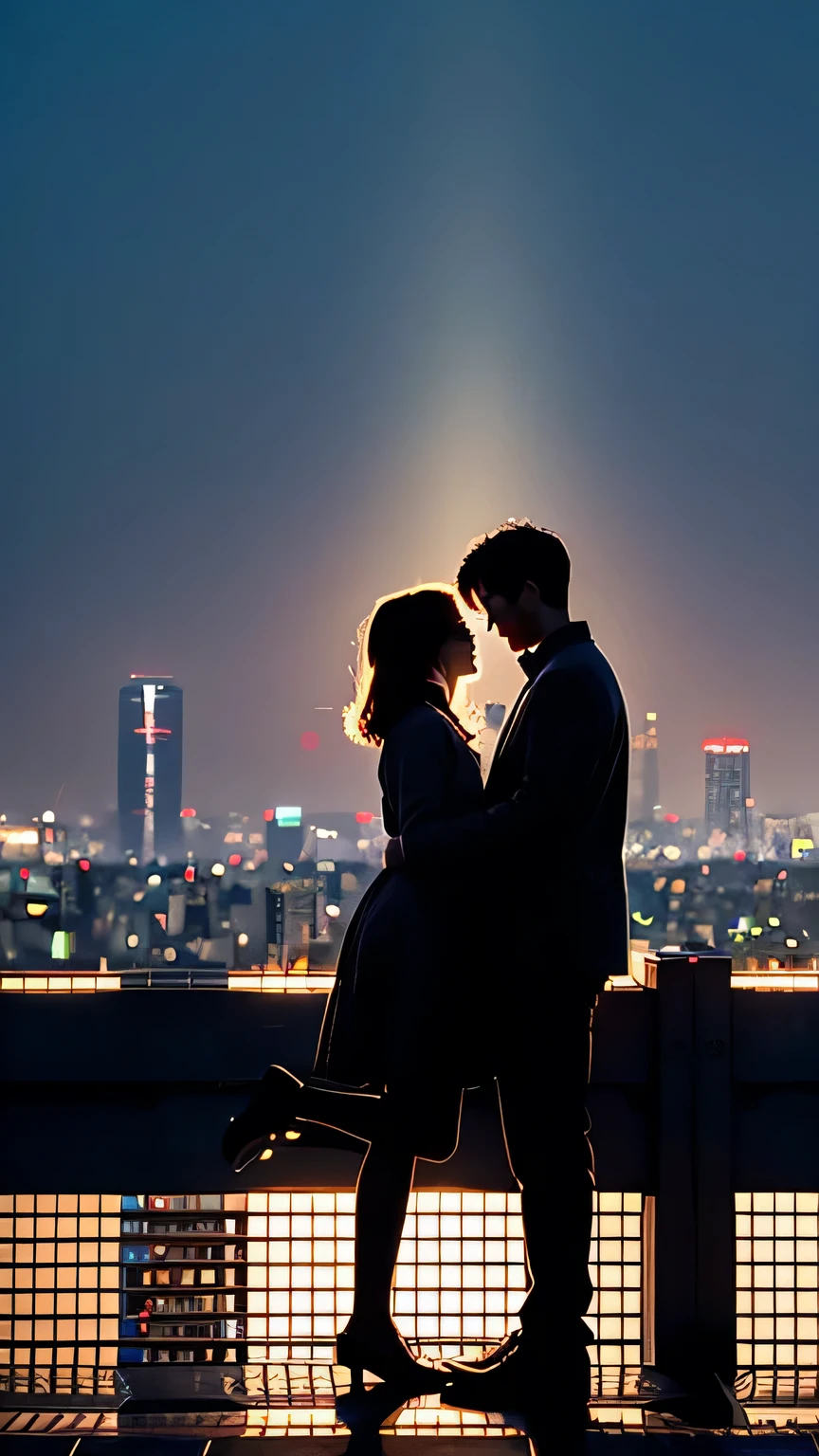 Couple admiring the Tokyo skyline under the stars、Add a message "Love shining under the stars in Tokyo."