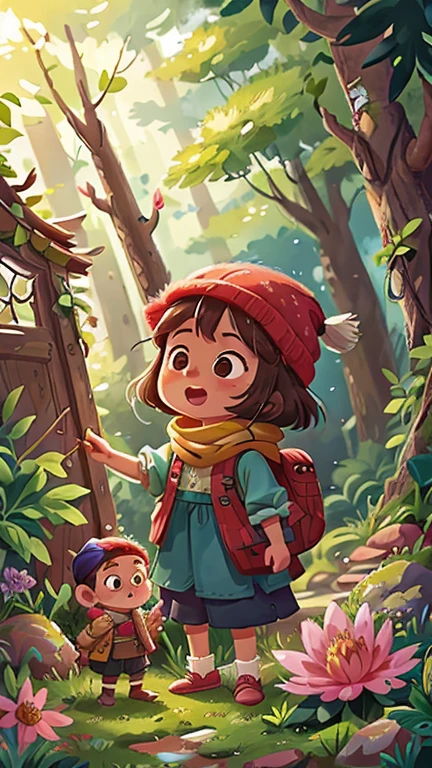 Girl and boy standing in the forest, There are streams and flowers.personification,hapiness,rejoice, Knitted hat, A glittering door in the middle of a meadow, Luminous doors, Vista, Door leaf, Perfect quality,Be focused(Clutter - Home:0.8), (masterpiece:1.2) (realistically:1.2) (Bokeh) (Best quality) (Delicate skin:1.3) (Intricate details {strength) (8K) (Delicate eyes) (scarf),(having fun)
