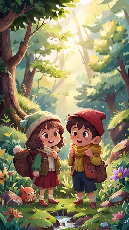 Girl and boy standing in the forest, There are streams and flowers.personification,hapiness，rejoice, Knitted hat, A glittering door in the middle of a meadow, Luminous doors, Vista, Door leaf, Perfect quality，Be focused（Clutter - Home：0.8）， （masterpiece：1.2） （realistically：1.2） （Bokeh） （Best quality） （Delicate skin：1.3） （Intricate details {strength） （8K） （Delicate eyes） （scarf）,（having fun）