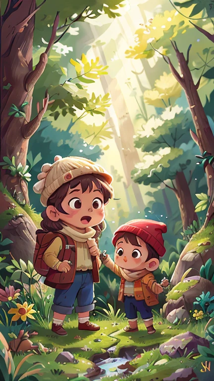 Girl and boy standing in the forest, There are streams and flowers.personification,hapiness,rejoice, Knitted hat, A glittering door in the middle of a meadow, Luminous doors, Vista, Door leaf, Perfect quality,Be focused(Clutter - Home:0.8), (masterpiece:1.2) (realistically:1.2) (Bokeh) (Best quality) (Delicate skin:1.3) (Intricate details {strength) (8K) (Delicate eyes) (scarf),(having fun)