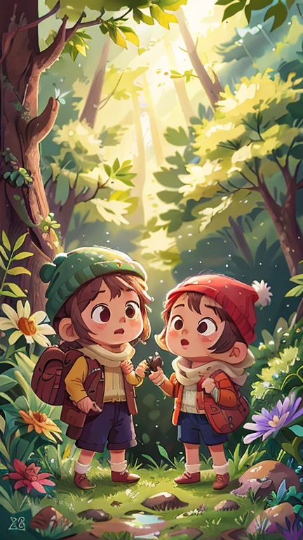 Girl and boy standing in the forest, There are streams and flowers.personification,hapiness,rejoice, Knitted hat, A glittering door in the middle of a meadow, Luminous doors, Vista, Door leaf, Perfect quality,Be focused(Clutter - Home:0.8), (masterpiece:1.2) (realistically:1.2) (Bokeh) (Best quality) (Delicate skin:1.3) (Intricate details {strength) (8K) (Delicate eyes) (scarf),(having fun)
