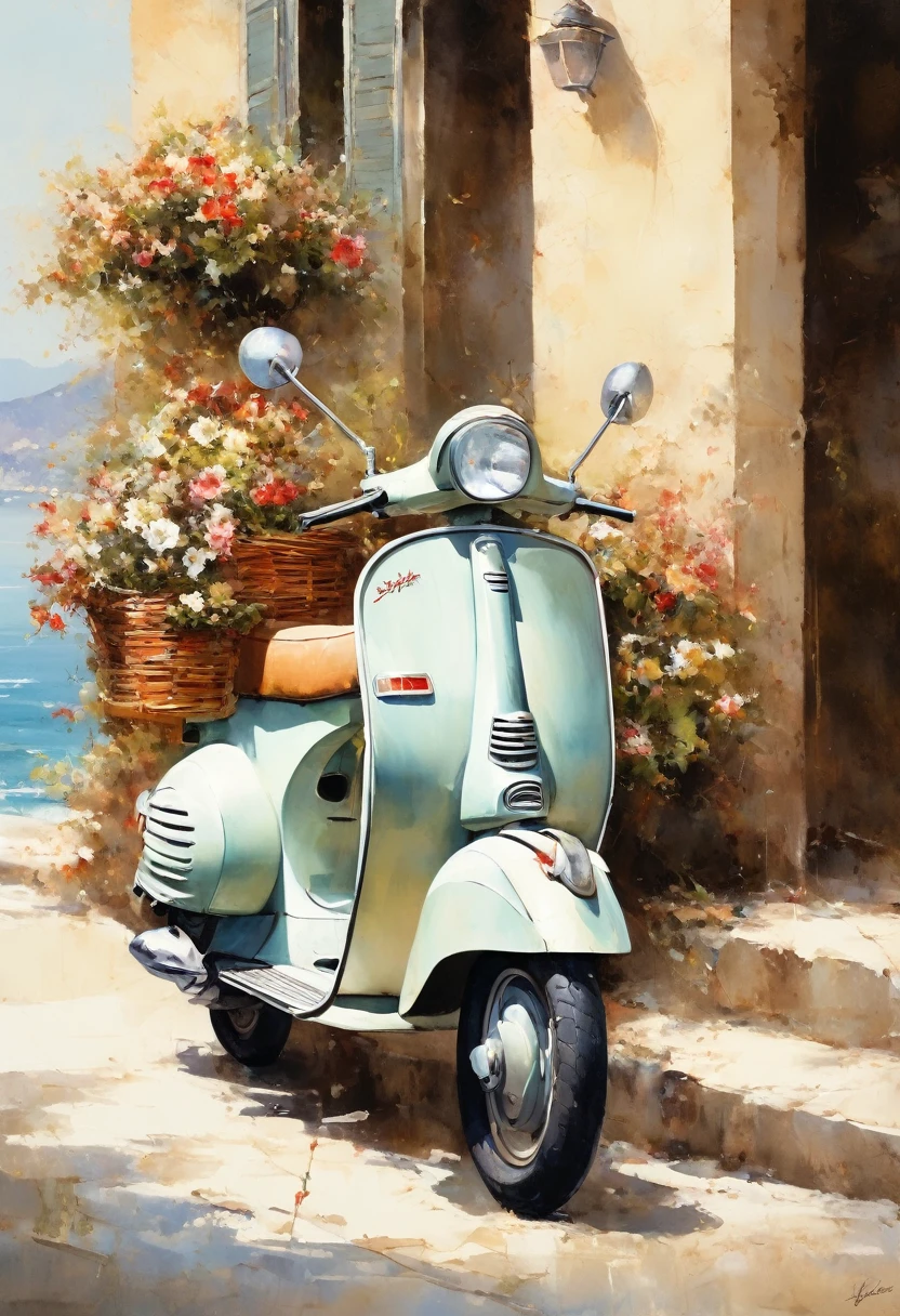 
                  This painting captures a refreshing morning seaside scene，

       Shown is a beige classic Italian Vespa motorcycle( Perfect anatomical structure )Elegance parked by the sea。There is a flower basket in the back seat，There are all kinds of flowers blooming inside，

    Create a charming and relaxing atmosphere。The overall composition evokes a timeless beauty and supremely refined textures，And presented in the style of meticulous watercolor painting