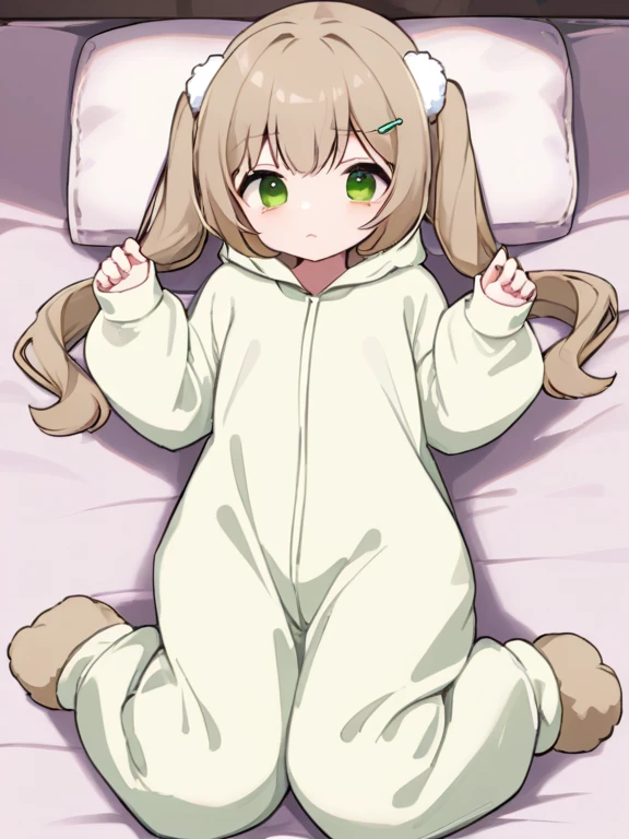 Cool girl,Low twin tails,Green Eyes,Light brown hair,fluffy animal kigurumi pajamas