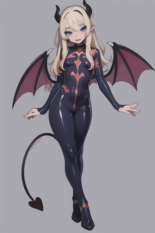 Complete body, Vampirewings, simple style color, Demon girl, horns anime 2d, (multicolor hair: middle white middle purple),(Vampire Fangs) small eyes Boku no hero posecompleta tail Boku no hero costume Boku no hero style, adult appearance, young older, stand up, stand up, demon wings, HD, 4k, (hero Tight custom) (beautiful custom) , heels, good anatomy, five fingers, perfect hands, succubus friendly beautiful (good proportion) (full body) (good Hands) (good face anatomy) (perfect face) (perfect eyes) (perfect mouth)