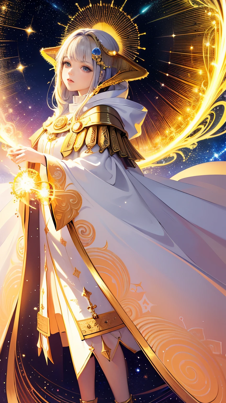 (masterpiece, highest quality, highest quality, Official Art, beautifully、aesthetic:1.2), (1 girl), Very detailed, (Fractal Art:1.3), colorful, Most detailed, Perfect Face, whole body, High resolution, (pray:1.3), (Golden lines in a white cloak:1.2), milky way, (Streaks of Light), Impressive visuals, (Dynamic Streaks, Path of Light:1.2), Bright colors,