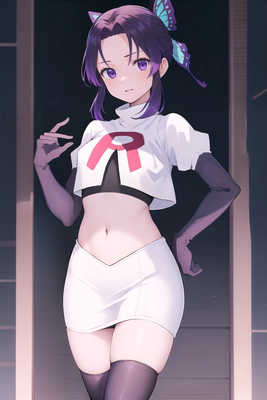 masterpiece, best quality, highres, 1girl, solo, kochou shinobu, butterfly hair ornament, purple eyes, multicolored hair, short hair, parted bangs, team rocket,team rocket uniform,white skirt,red letter R,crop top,black thigh-highs,black elbow gloves, cowboy shot, forest, night, moon