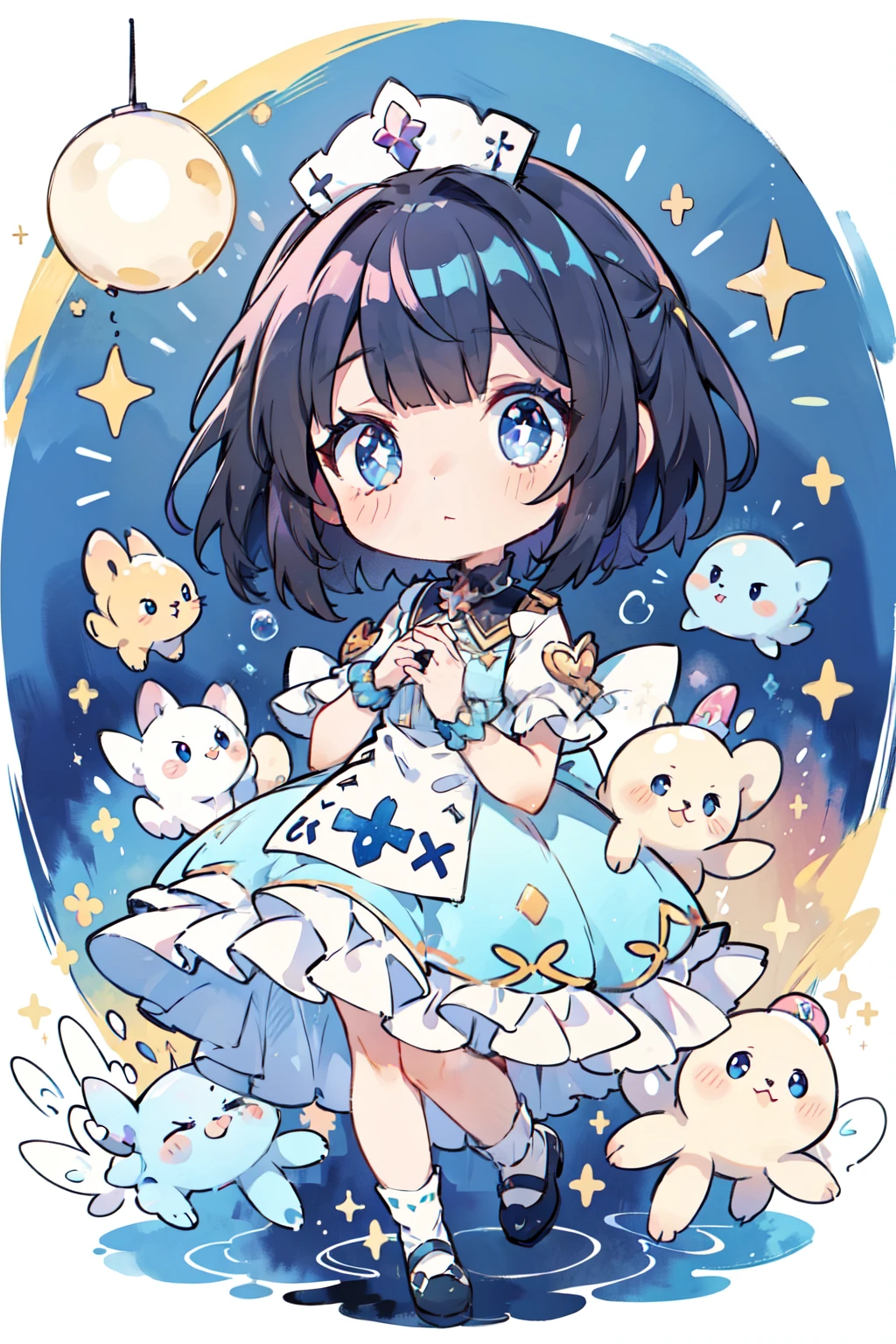 MASTEPIECE, highest quality, 8K resolution, sharp focus, ((full body Esbian, portrait: 1.2)), detailed, beautiful girl, sparkling eyes, black hair, short hair, golden ratio face, otherworldly liquid, watercolor painting, (( pastel colors)), bright colors, gentle expression, nurse, colorful, sharp focus, high resolution, fine details, princess fantasy long dress, ((light blue round eyes)), rainbow-colored bubbles, animals gathering, hands on chest hold it lightly in front of