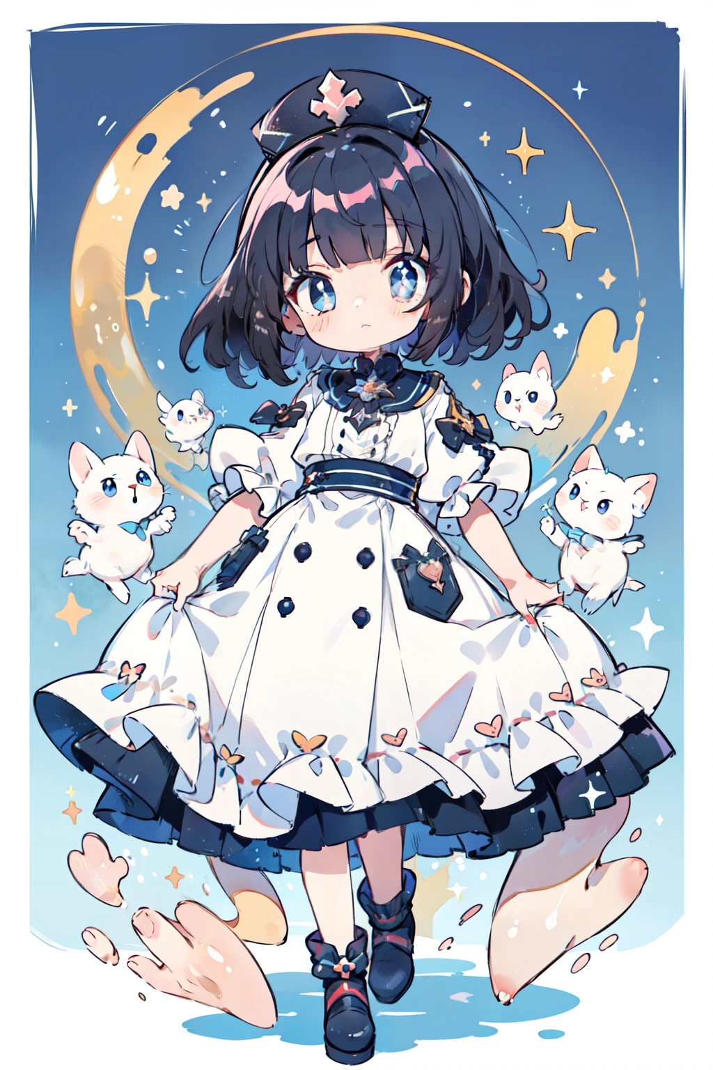 MASTEPIECE, highest quality, 8K resolution, sharp focus, ((full body Esbian, portrait: 1.2)), detailed, beautiful girl, sparkling eyes, black hair, short hair, golden ratio face, otherworldly liquid, watercolor painting, (( pastel colors)), bright colors, gentle expression, nurse, colorful, sharp focus, high resolution, fine details, princess fantasy long dress, ((light blue round eyes)), rainbow-colored bubbles, animals gathering, hands on chest hold it lightly in front of