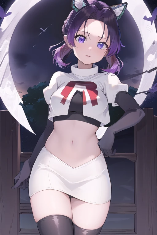 masterpiece, best quality, highres, 1girl, solo, kochou shinobu, butterfly hair ornament, purple eyes, multicolored hair, short hair, parted bangs, team rocket,team rocket uniform,white skirt,red letter R,crop top,black thigh-highs,black elbow gloves, cowboy shot, forest, night, moon