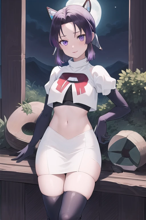 masterpiece, best quality, highres, 1girl, solo, kochou shinobu, butterfly hair ornament, purple eyes, multicolored hair, short hair, parted bangs, team rocket,team rocket uniform,white skirt,red letter R,crop top,black thigh-highs,black elbow gloves, cowboy shot, forest, night, moon