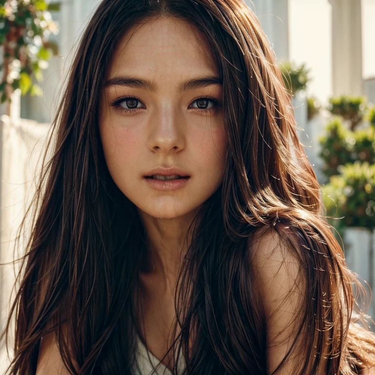a close-up portrait of a beautiful young woman, detailed facial features, full lips, flowing hair, serene expression, golden hour lighting, soft focus, delicate skin, natural beauty, high quality, photorealistic, cinematic.