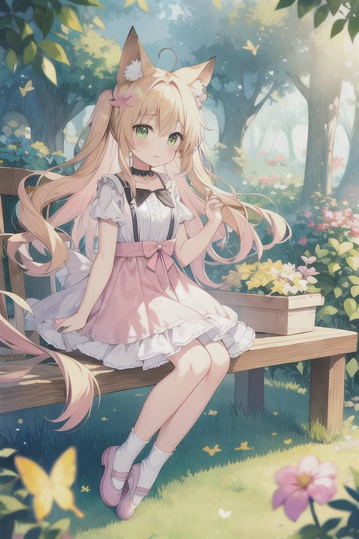 masterpiece, Highest_quality,One girl, alone,Fox_ear,Yellow Eyes:1.5|Green Eyes:1.1,(Pink Hair:1.2|Blonde Hair), Gentle hazel eyes, Flowing wavy hair, Ankle socks, Staring at the audience, White socks, Ballet flats, Pastel Sundress, whole body, Butterfly Garden, Surrounded by fluttering butterflies, Sunlight filtering through the trees, Calm expression, spring