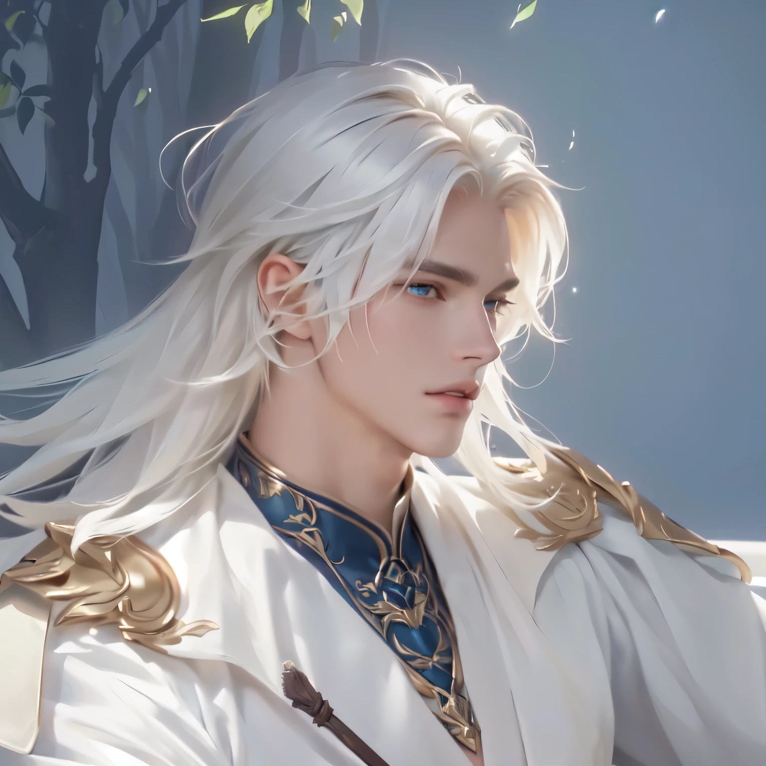 4k, high resolution, best quality, masterpiece, perfect color, perfect shade, perfect lighting, Posted by e621,((handsome man)), perfect male figure, Short hair details,Naked torso,Detailed face, perfect face, (stood up), Detailed forest background, ((Bonifasco Lighting)), (delicate eyes),white hair,half body figure,expsed penis genitals,Affectionate