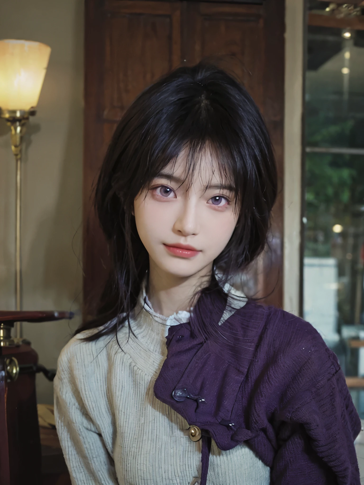 best quality, high quality, a cute girl, alone, Beautiful purple hair, beautiful purple eyes, faint smile,