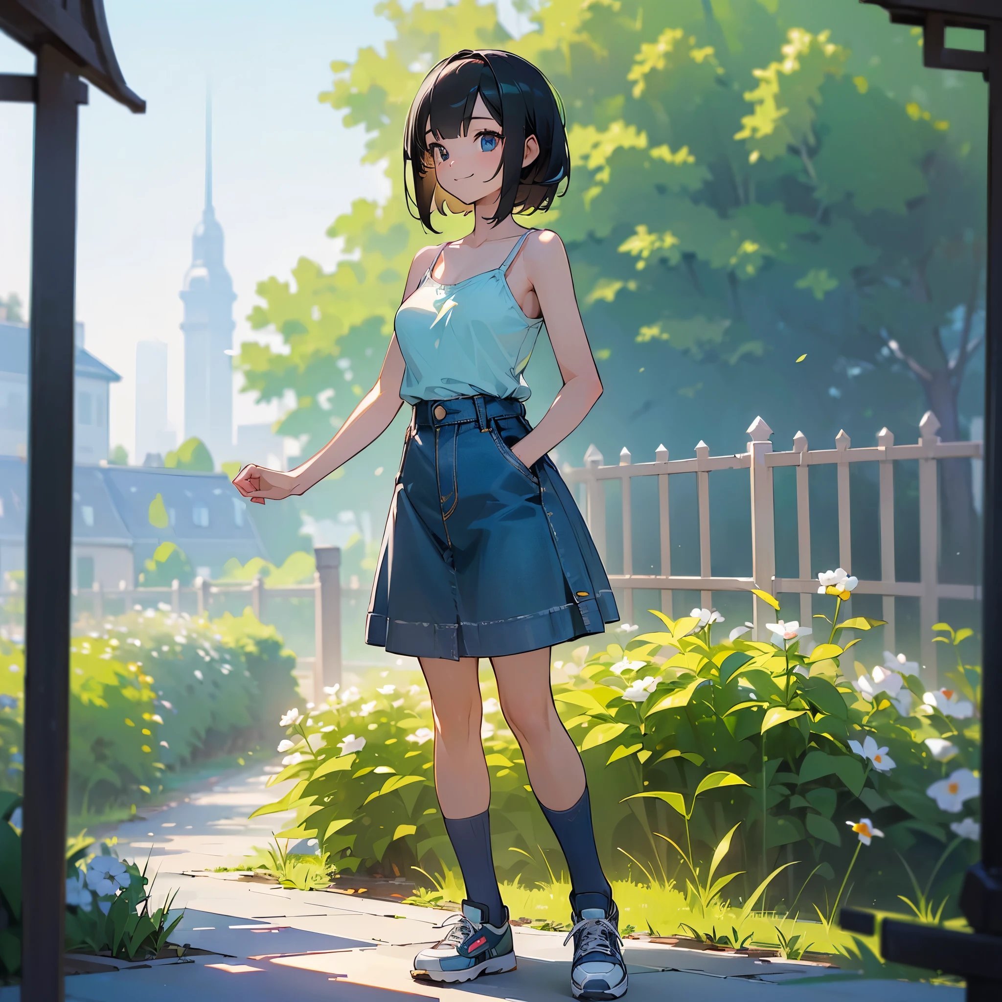 (high quality, High resolution, Very detailed, reality:1.37), Peaceful atmosphere, (Outdoor, garden), Teenage girl standing alone, (my breasts are big.), Beautiful details, Cute Smile, (Black bob hair), camisole, Denim skirt, Blue socks, sneakers.