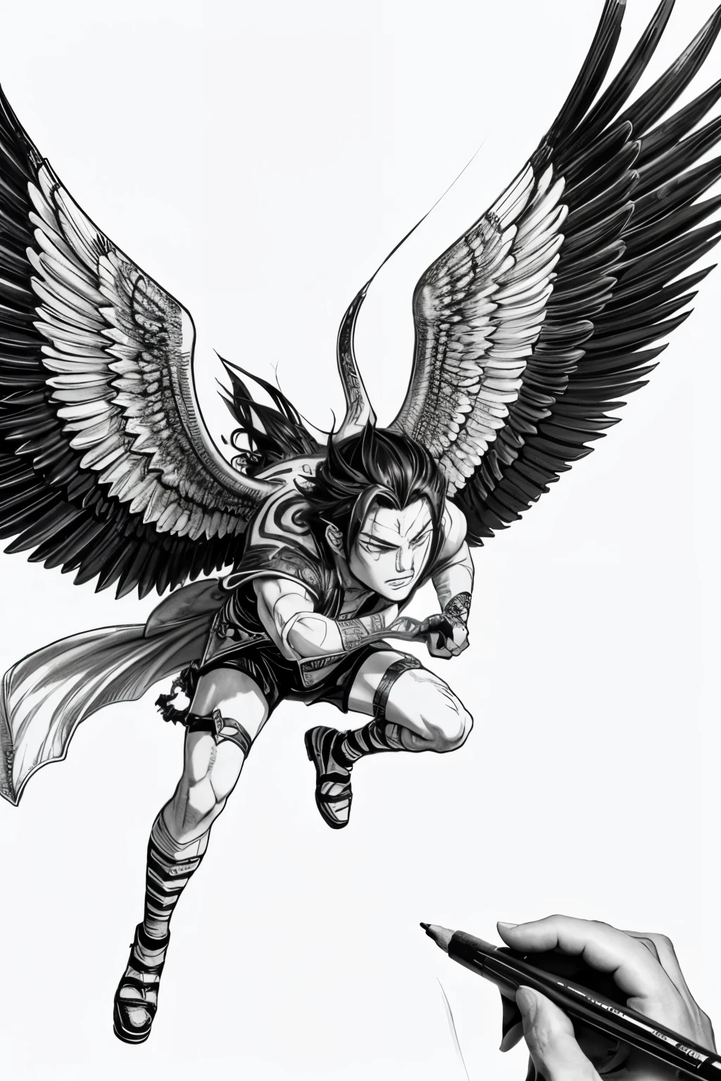 drawing of a man with wings flying over a person, ink manga drawing, pencil and ink manga drawing, black and white manga style, inspired by amano, inspired by Yumihiko Amano, pencil and ink manga, inspired by Tetsugoro Yorozu, screenshot from black clover, black and white manga panel, extremely fine ink lineart