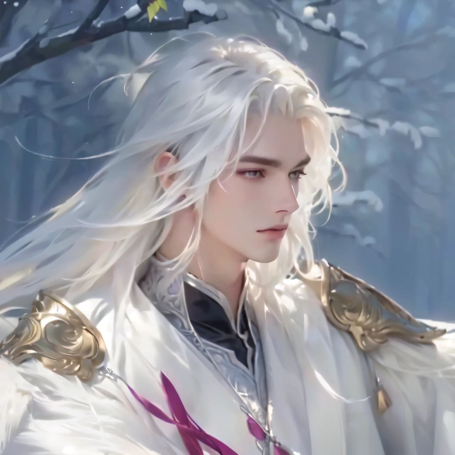 4k, high resolution, best quality, masterpiece, perfect color, perfect shade, perfect lighting, Posted by e621,((handsome man)), perfect male figure, Short hair details,Naked torso,Detailed face, perfect face, (stood up), Detailed forest background, ((Bonifasco Lighting)), (delicate eyes),white hair,half body figure,expsed penis genitals,Affectionate
