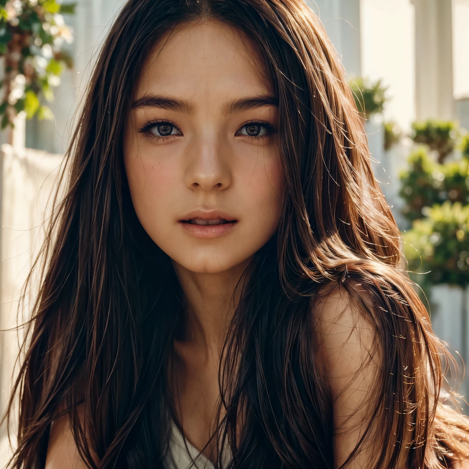 a close-up portrait of a beautiful young woman, detailed facial features, full lips, flowing hair, serene expression, golden hour lighting, soft focus, delicate skin, natural beauty, high quality, photorealistic, cinematic.