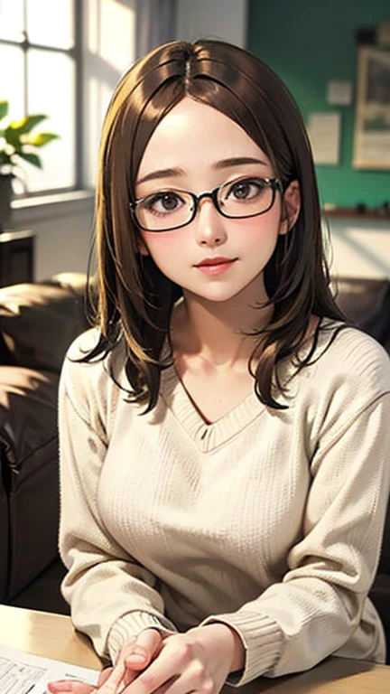 1 female, /(Tight sweater/) V-neck, Mature Woman, /((((Mid-length hair、Light brown hair、Blonde hair)))) Beautiful forehead, Stylish Glasses、A gentle blushing smile, (Masterpiece of the highest quality:1.2) Delicate illustrations, super detailed, /(Modern house living room/) indoor