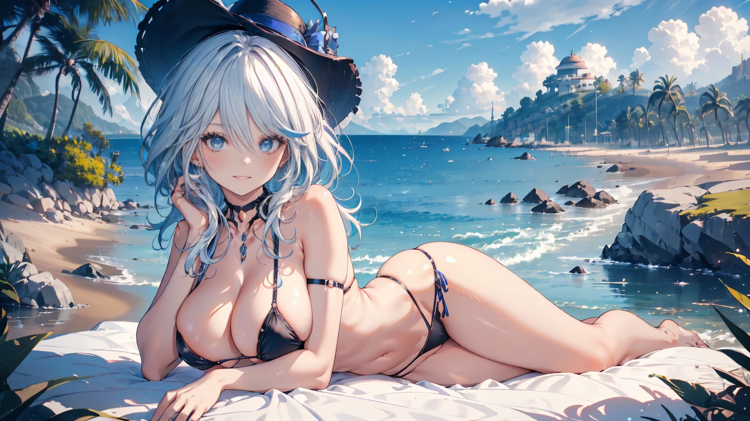((masterpiece, high resolution, better quality, better details)), (anime), a woman lying on a bed on the beach, ((toothy smile)), ((royal blue micro bikini with black details)), ((thong bikini)), cleavage, black neck choker, large straw hat, white hair with blue highlights, shiny skin, ((slender body)), front view, beach landscape, wide hips, slim waist, big breasts,