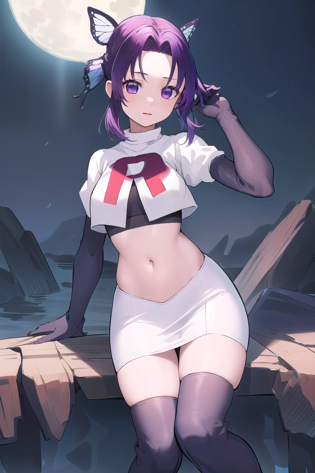 masterpiece, best quality, highres, 1girl, solo, kochou shinobu, butterfly hair ornament, purple eyes, multicolored hair, short hair, parted bangs, team rocket,team rocket uniform,white skirt,red letter R,crop top,black thigh-highs,black elbow gloves, cowboy shot, forest, night, moon