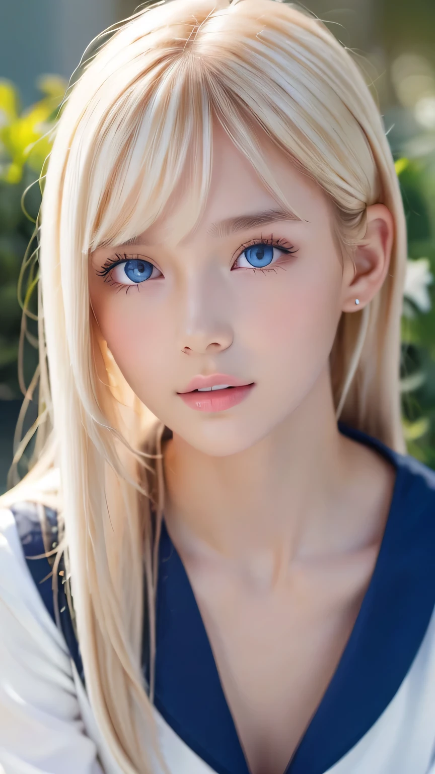 Portrait、、Sailor suit、Gentle expression、ponytail、Young shiny glossy white glossy skin、Great looks、Blonde reflection、Platinum blonde hair with dazzling highlights、Bangs between the eyes、bangs on the face、、Shiny bright hair,、Smooth, super long, straight hair、Shiny beautiful bangs、Sparkling, crystal clear, attractive big blue eyes、Very beautiful, lovely and cute 16 year old girl、Ample Bust、Healthy glowing skin、