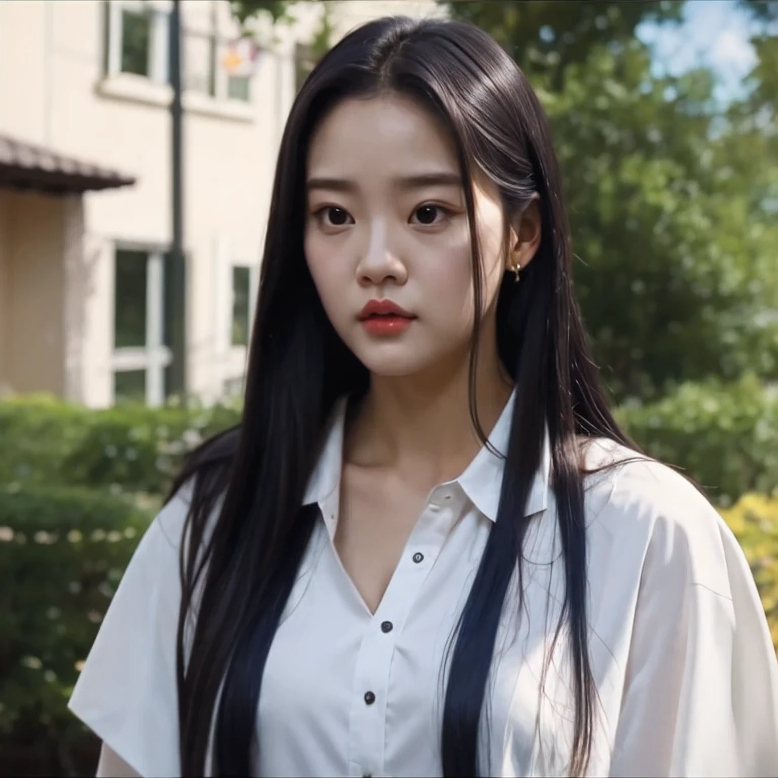 arafed woman with long black hair and a white shirt, she has a distant expression, iu lee ji-eun as a super villain, but a stern look about her, she has a cute expressive face, young wan angel, girl next door innocent look, high drama, sideways glance, kwak ji young, movie screencap, handsome girl, innocent look, brilliant, 1girl, solo