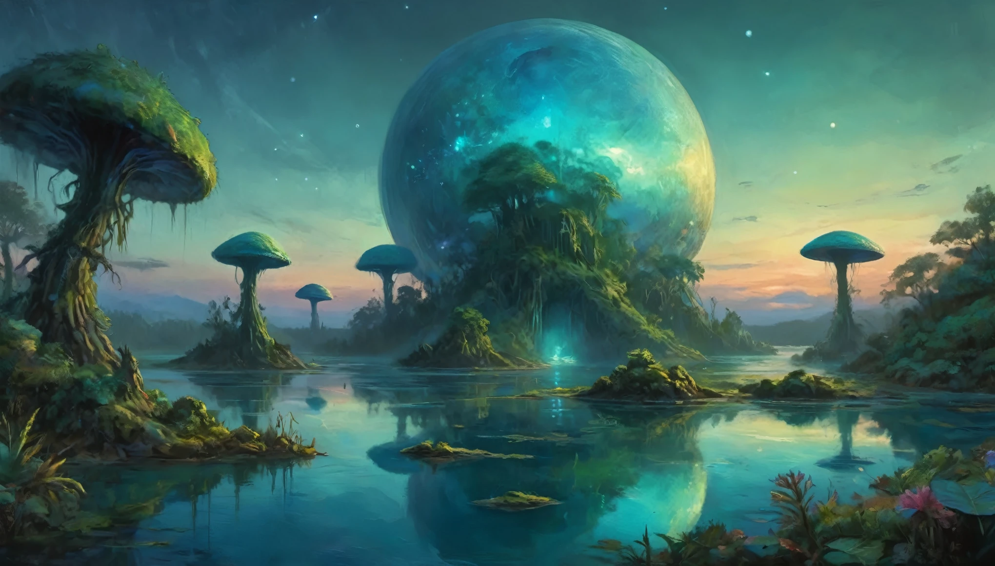 A vast alien fungoid world, bioluminescent structures, twilight, watercolor landscape, (best quality,4k,8k,highres,masterpiece:1.2),ultra-detailed,(realistic,photorealistic,photo-realistic:1.37),dramatic lighting,ethereal atmosphere,lush flora,vibrant colors,alien foliage,floating islands,tranquil lakes,reflections,fantasy art,cinematic composition,muted tones,dreamlike,mystical