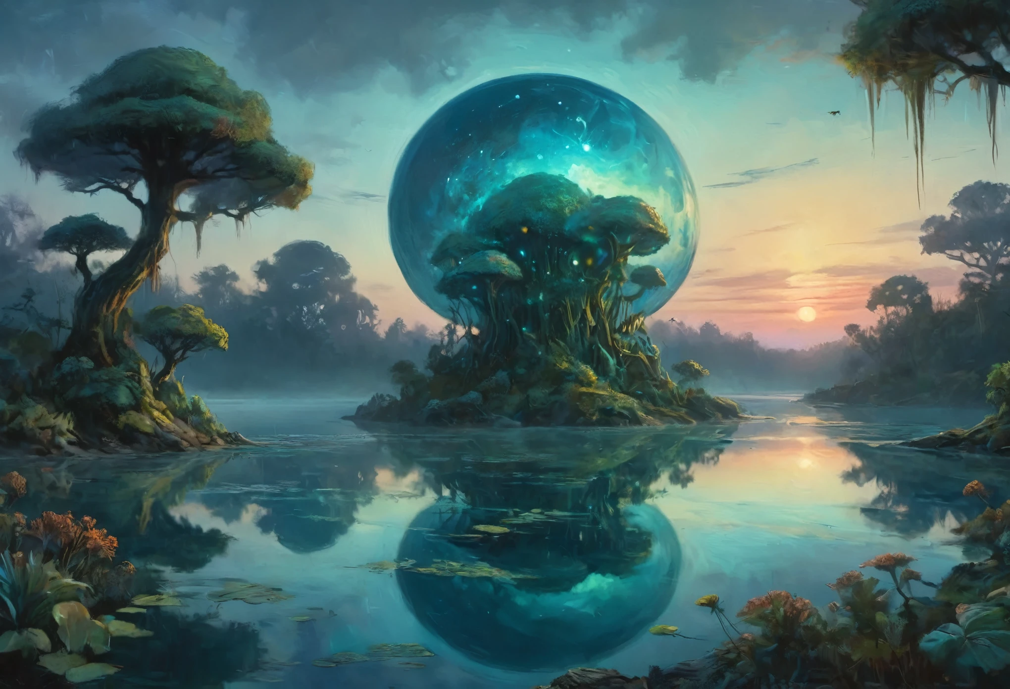 A vast alien fungoid world, bioluminescent structures, twilight, watercolor landscape, (best quality,4k,8k,highres,masterpiece:1.2),ultra-detailed,(realistic,photorealistic,photo-realistic:1.37),dramatic lighting,ethereal atmosphere,lush flora,vibrant colors,alien foliage,floating islands,tranquil lakes,reflections,fantasy art,cinematic composition,muted tones,dreamlike,mystical