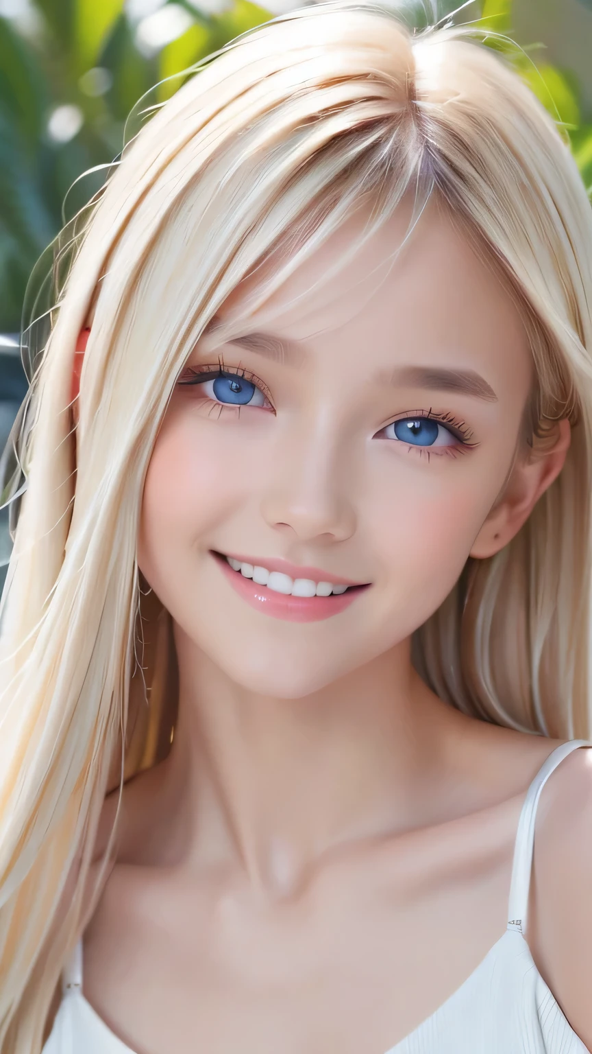 Portrait、、Gentle expression、ponytail、Young shiny glossy white glossy skin、Great looks、Blonde reflection、Platinum blonde hair with dazzling highlights、Bangs between the eyes、bangs on the face、、Shiny bright hair,、Smooth, super long, straight hair、Shiny beautiful bangs、Sparkling, crystal clear, attractive big blue eyes、Very beautiful, lovely and cute 16 year old girl、Ample Bust、Healthy glowing skin、