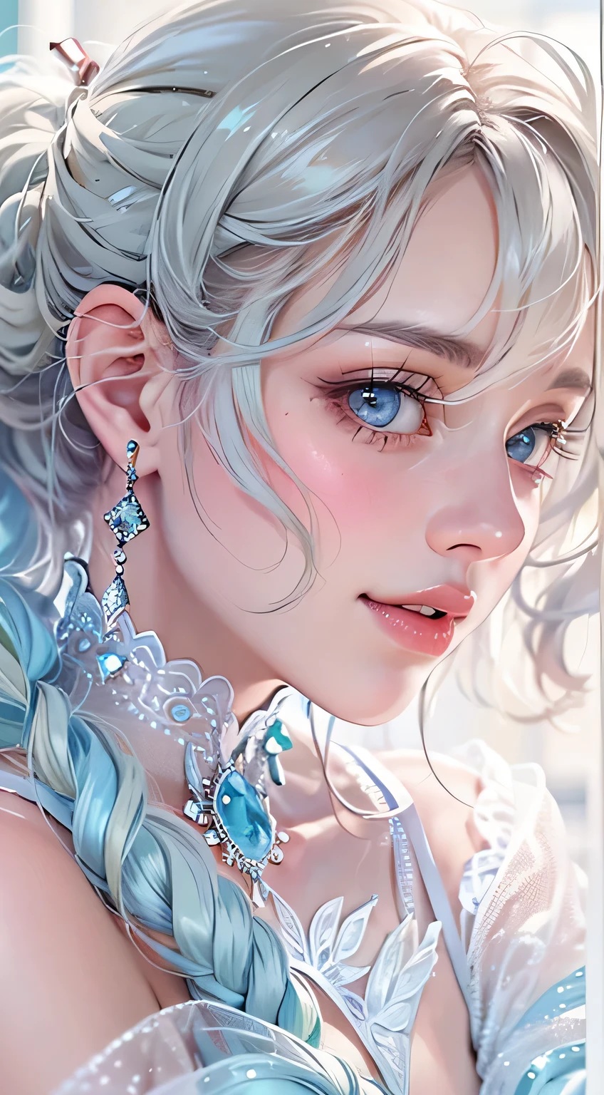 ((best quality)), ((masterpiece)), (get used to it), Perfect face , masterpiece、best quality、high resolution、High-quality images、8K, 1 female、Radiant skin、Skin and clothing textures、Delicate eyes and expressions、Shiny silver hair,girl with long braids, Comics inspired by Lee Jong Suk, Popular on deviantart, realism, Detailed comic style, Comic art style, Perfect Line Drawing, Beautiful line art, Digital Comic Art Girl, K-pop idol, Beautiful light blue eyes, Thickening of the lips, Delicate face，Attention to detail, (Lovely smile), charm, Innocent, side view, (Perfect and detailed face), (beautiful hands) Realistic images, Written border depth, 20th Generation ,beautiful girl , light blue rose , Lace dress , Medium bust , Protruding shoulders , I can see her cleavage , light blue rose , There are many light blue roses in the background ,