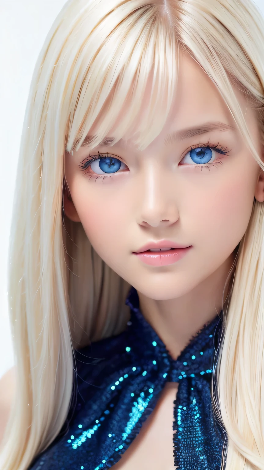 Portrait、、Gentle expression、ponytail、Young shiny glossy white glossy skin、Great looks、Blonde reflection、Platinum blonde hair with dazzling highlights、Bangs between the eyes、bangs on the face、、Shiny bright hair,、Smooth, super long, straight hair、Shiny beautiful bangs、Sparkling, crystal clear, attractive big blue eyes、Very beautiful, lovely and cute 16 year old girl、Ample Bust、Healthy glowing skin、
