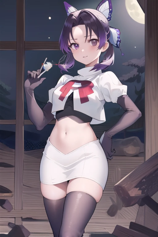 masterpiece, best quality, highres, 1girl, solo, kochou shinobu, butterfly hair ornament, purple eyes, multicolored hair, short hair, parted bangs, team rocket,team rocket uniform,white skirt,red letter R,crop top,black thigh-highs,black elbow gloves, cowboy shot, forest, night, moon