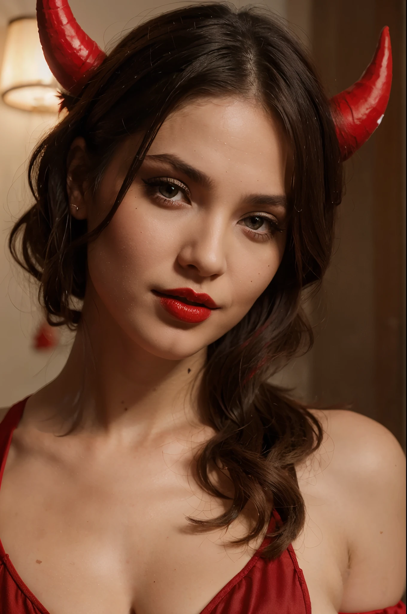 Sexy women wearing little red horns and red lipstick