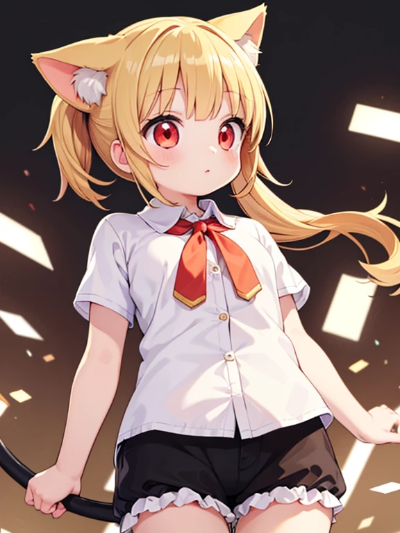 (masterpiece:1.2) , (highest quality:1.2) , (Super detailed:1.2), 2.5D,Very detailed,anime,girl,Blonde Hair,Side Ponytail,break,Red eyes,break,Jamie Shirt,Gummy Bloomers,Cat ear,Cat's Tail,front leg pose,smile,:d