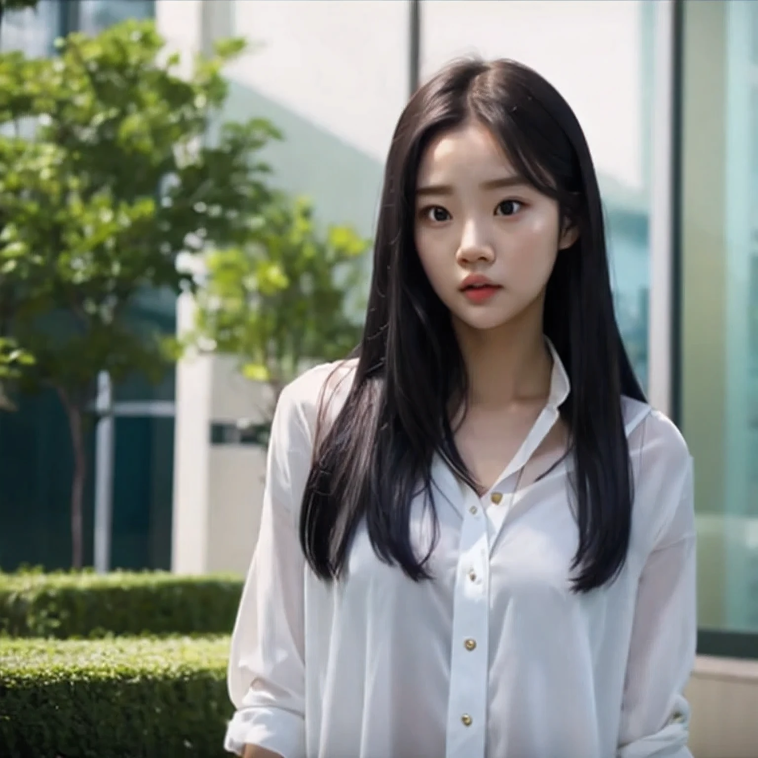 arafed woman with long black hair and a white shirt, she has a distant expression, iu lee ji-eun as a super villain, but a stern look about her, she has a cute expressive face, young wan angel, girl next door innocent look, high drama, sideways glance, kwak ji young, movie screencap, handsome girl, innocent look, brilliant, 1girl, solo