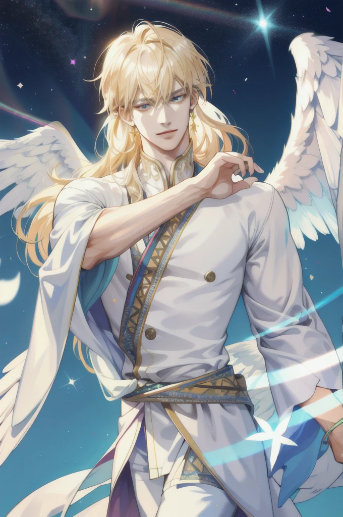(absurdres, highres, ultra detailed), 1 male, adult, handsome, tall muscular guy, broad shoulders, finely detailed eyes and detailed face, pastel color long hair, fantasy, complex pattern, detailed face, angel wings, lens flare, colorful, glow white particles, white robe, gold bracelets and accessories, prism, glowing, glitter, particles, bloom, likes to celebrate and have fun, enjoys nature, bright and optimistic outlook, creative and adventurous spirit, represents happiness and harmony