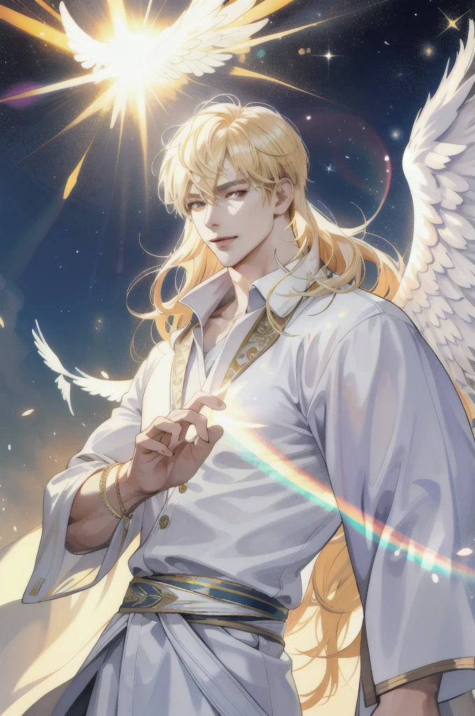 (absurdres, highres, ultra detailed), 1 male, adult, handsome, tall muscular guy, broad shoulders, finely detailed eyes and detailed face, pastel color long hair, fantasy, complex pattern, detailed face, angel wings, lens flare, colorful, glow white particles, white robe, gold bracelets and accessories, prism, glowing, glitter, particles, bloom, likes to celebrate and have fun, enjoys nature, bright and optimistic outlook, creative and adventurous spirit, represents happiness and harmony
