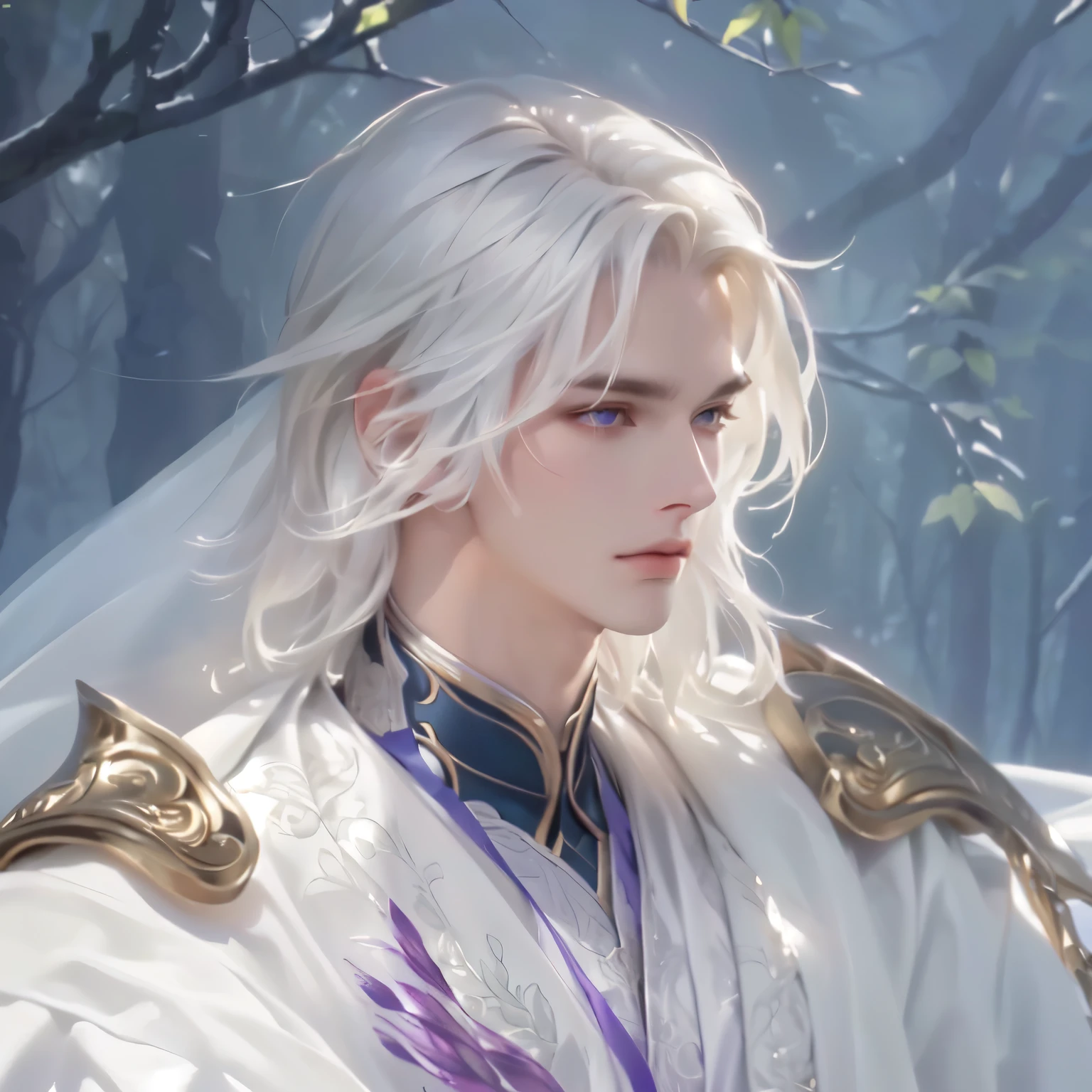 4k, high resolution, best quality, masterpiece, perfect color, perfect shade, perfect lighting, Posted by e621,((handsome man)), perfect male figure, Short hair details,Naked torso,Detailed face, perfect face, (stood up), Detailed forest background, ((Bonifasco Lighting)), (delicate eyes),white hair,half body figure,expsed penis genitals,Affectionate