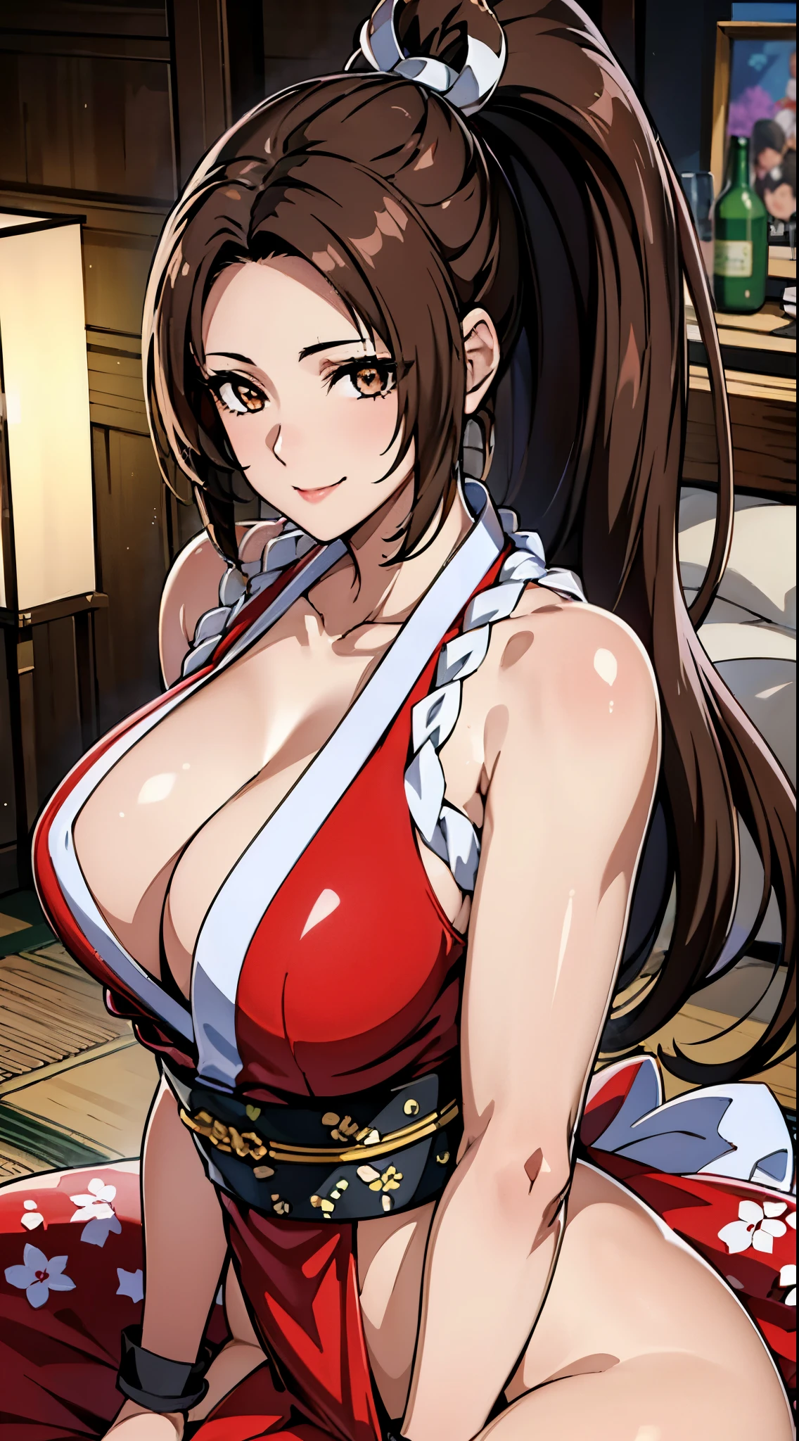 ((8k)), ((32k)), ((highest quality)), ((masterpiece)), ((超A high resolution)), ((Tmasterpiece)), (((head shot:1.6)))、((Dynamic pose:1.3))、((8k)), ((32k)), ((highest quality)), ((masterpiece)), ((超A high resolution)), Fine skin、女性1 person、Red dress, No sleeve, The usual, ((mai shiranui:1.2)), Expose your shoulders、魅惑的なsmile、Brown Hair, Brown eyes, Long and high ponytail, hair band,  1 person、Age 25, Japanese Mature, beautiful指, beautiful長い脚, beautiful体, beautiful鼻, beautifulキャラクターデザイン, Perfect Eyes, Perfect Face, jewelry, See through, smile、hair ornaments, king of fighters,((Handheld fan:1.3))、
(Tabletop, highest qualityの, highest quality, beautifully、beautiful: 1.2), Very detailed, More detailed,適切な体のProfessionalポーション,Tabletop,Ultra-high quality output images,High resolution,Intricate details,Very delicate and beautiful hair,Realistic photos,dream-like,Professionalの照明,Realistic Shadows,Focus Only,
(Big Breasts:1.2,) , フローティングスカートFine skinの質感, High quality fabric, High quality metal texture、((Beautiful and dense face))、RAW Photos、Professional, Ultra-fine painting, ((alone)), beautiful胸、highest quality, Very detailed, Very detailed詳細, Finer details, so beautiful,(Five Fingers, Four fingers and thumb),Concept Art, Anime fantasy artwork, Detailed fantasy art,8KHigh resolution, Detailed Art, 8 Slim legs, Defined, Defined fingers