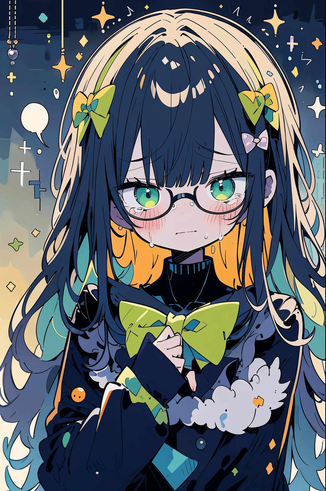 In addition, include a villain like a charming and creepy little round marimo with bright green fur in the same scene. This villain wears oversized round glasses that complement his curious and intelligent appearance, but his eyes glow ominously in the dark. The fur is fluffy, neatly layered, and has an orange spot on the chest that looks like a small bow tie, giving it a strange and disturbing look. This character is electrified and crying after receiving an electric shock from his fist. Both characters create an intense atmosphere that emphasizes the epic scale and dramatic tension against the backdrop of dramatic golden light emanating from the impact of a mechanical needle, blending whimsical and terrifying to create a magical yet eerie composition.