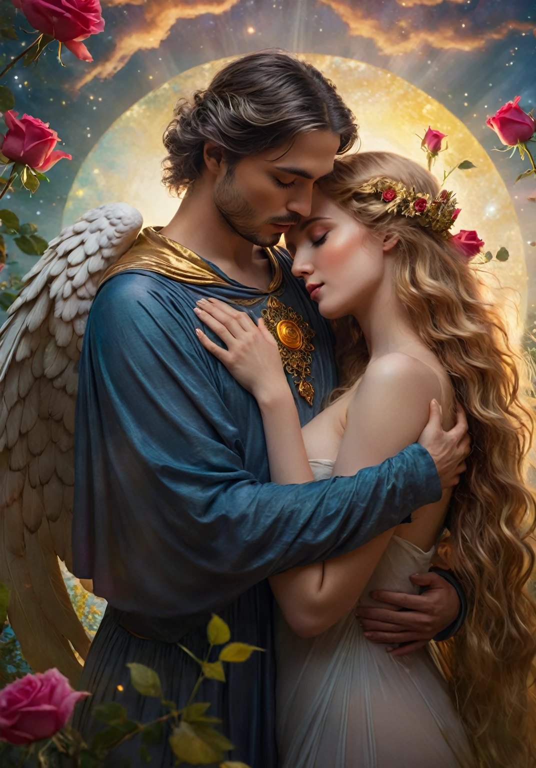 (best quality,4k,8k,highres,masterpiece:1.2),ultra-detailed,(realistic,photorealistic,photo-realistic:1.37),tarot card the lover,naked woman,flowing golden hair,embracing couple,passionate kiss,pure love,vibrant colors,romantic atmosphere,soft lighting,subtle shadows,magic,mythology,beautiful nature surrounding them,roses blooming,lush garden scenery,whimsical details,celestial background,angelic wings,harmonious composition,ethereal beauty,artistic interpretation, nsfw