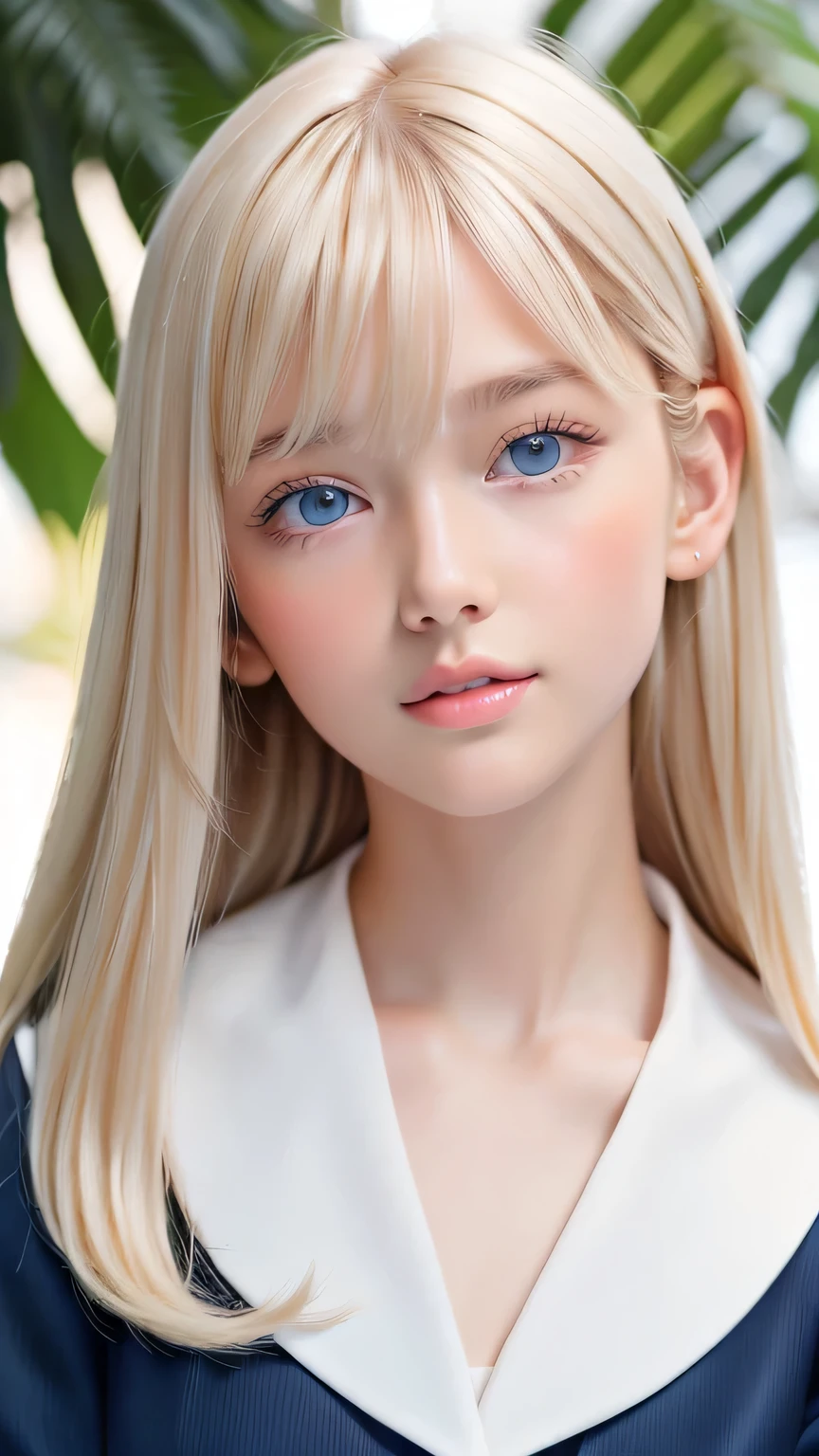 Portrait、、Sailor suit、Gentle expression、Young shiny glossy white glossy skin、Great looks、Blonde reflection、Platinum blonde hair with dazzling highlights、Bangs between the eyes、bangs on the face、、Shiny bright hair,、Smooth, super long, straight hair、Shiny beautiful bangs、Sparkling, crystal clear, attractive big blue eyes、Very beautiful, lovely and cute 16 year old girl、Ample Bust、Healthy glowing skin、Small Face Girl、Round face