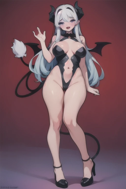 Complete body, Vampirewings, simple style color, Demon girl, horns anime 2d, (multicolor hair: middle white middle purple),(Vampire Fangs)( eyes Boku no hero) posecompleta, thin tail, Boku no hero costume Boku no hero style, adult appearance, young older, stand up, stand up, demon wings, HD, 4k, (hero beautiful custom) (beautiful custom) , heels, good anatomy, five fingers, perfect hands, succubus friendly beautiful (good proportion) (full body) (good Hands) (good face anatomy) (perfect face) (perfect eyes) (perfect mouth)