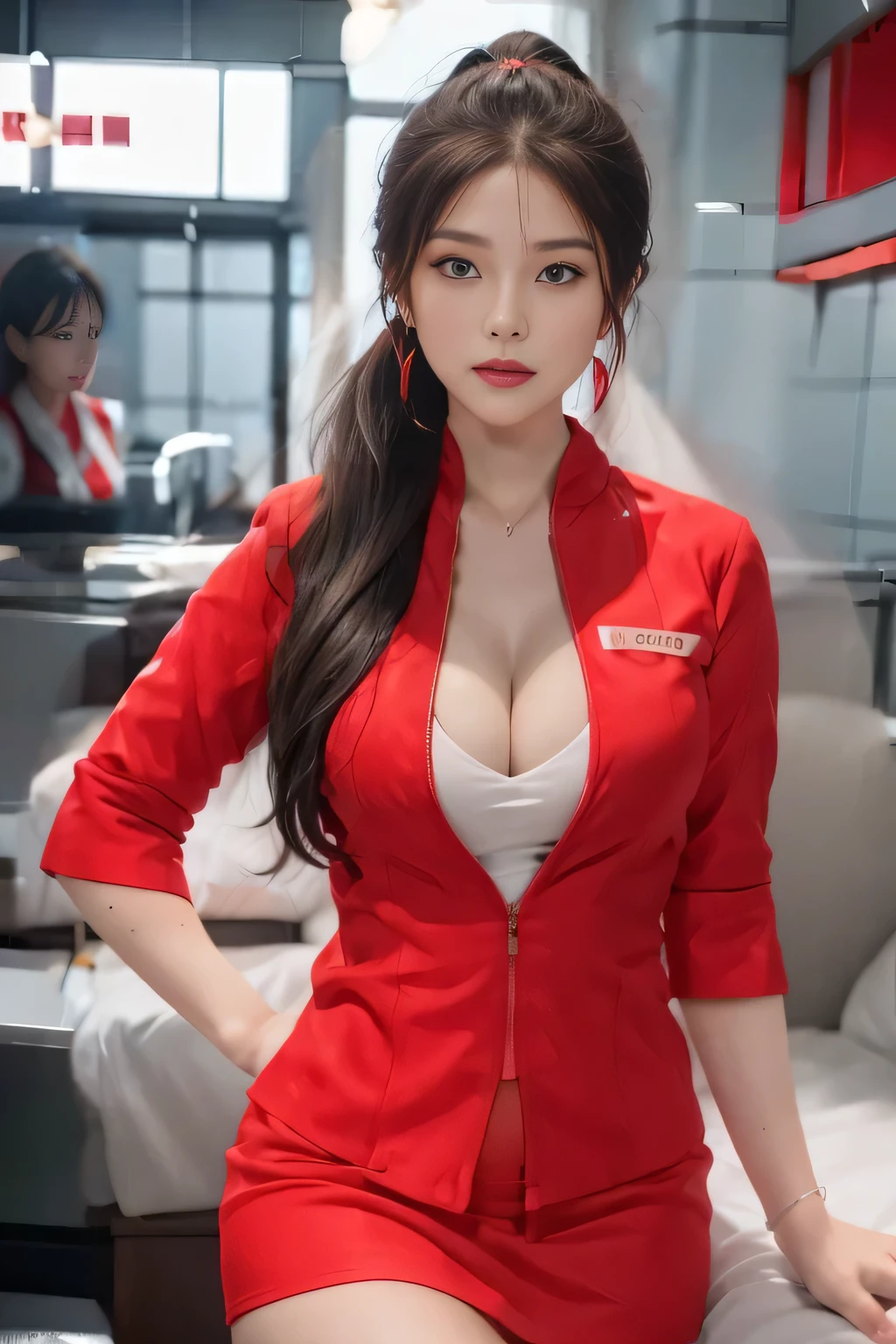 AirAsia red jacket uniform、Long hair down to the legs、Dark brown hair、Hair tied up、Tie your hair back in a ponytail、ponytail、Red rubber band、Luxury earrings、Captivating look、Blue Eyes、22 year old Asian female