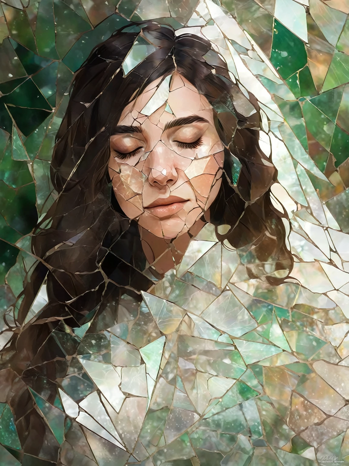 "Create a close-up portrait of a serene woman with her eyes closed and a slight, peaceful expression. Overlay the image with a detailed, cracked, and shattered glass texture. The color palette should include muted, earthy tones such as soft browns, grays, and greens. Use soft, diffused lighting to create a dreamy and ethereal atmosphere. Ensure the cracks are varied in size and direction, blending seamlessly with the subject's face to create a fragmented effect without obscuring her features. Add subtle reflective highlights on the glass shards to mimic light catching on broken edges. The background should be simple and slightly blurred, maintaining focus on the subject and enhancing the overall tone of delicate beauty and fragility."