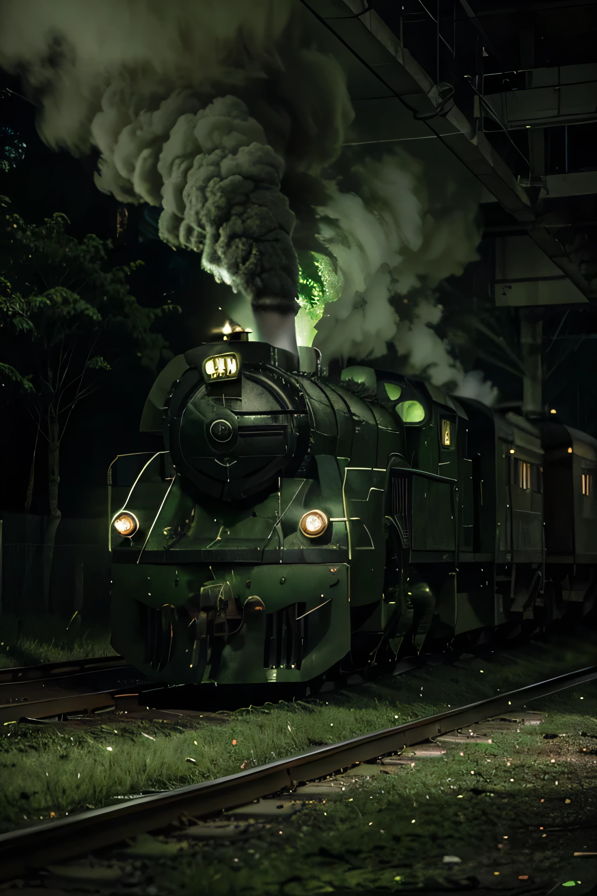 Green color ghost train releasing green smoke with green lights in a dark environment with spiders around it 