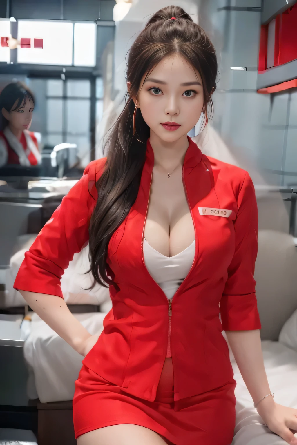 AirAsia red jacket uniform、Long hair down to the legs、Dark brown hair、Hair tied up、Tie your hair back in a ponytail、ponytail、Red rubber band、Luxury earrings、Captivating look、Blue Eyes、22 year old Asian female