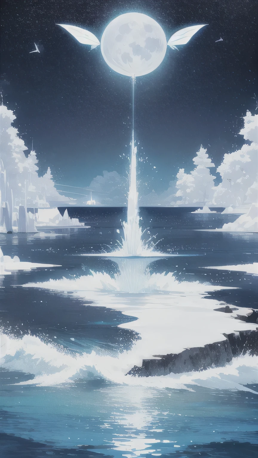 [(White Background:1.5),::5] Hexagon, island, Ocean, Ocean Waves, Splash, null, Detailed Moon, Particles of light, butterfly, night, starry null, 