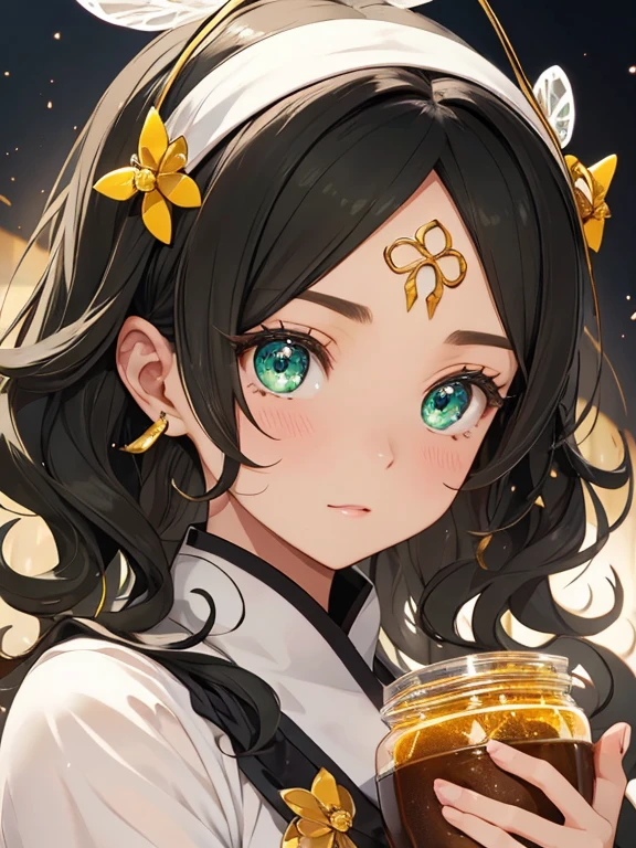 1woman、ハニーとシアバターの石鹸の転生体woman、Highly detailed skin textures、green big eyes、Sparkling eyes、Thin eyebrows、round face、Healthy bright make-up、Very delicate blonde、Partly black hair、Curly Hair、Very short hair、Characterized by Honey and Shea Butter Soap、Close-up shot、headband with bee antennae、Honey pod
